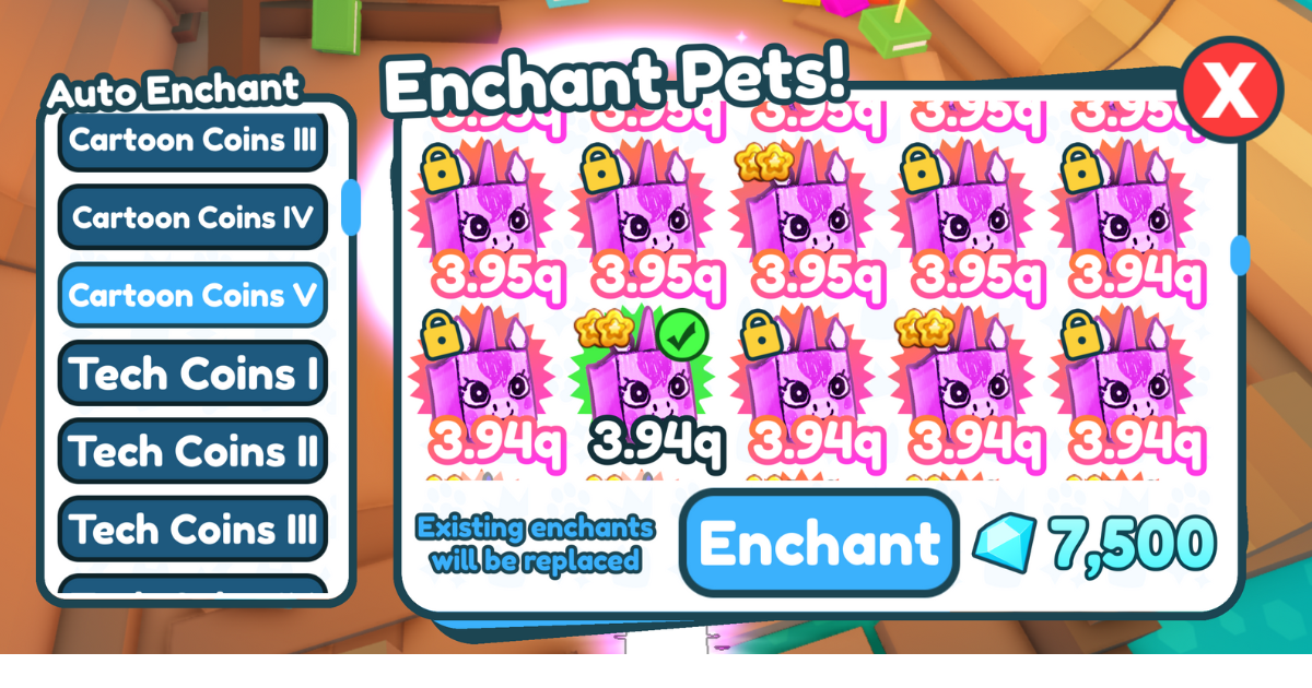 In game UI showing how to enchant pets with the enchantment machine